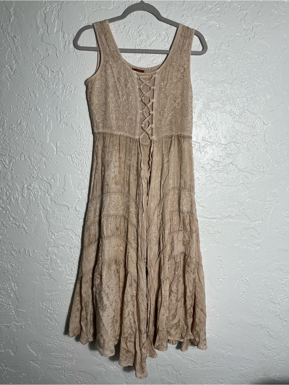 Scully Boho Embroidered Lace-Up Dress Beige Cottagecore Prairie Size S